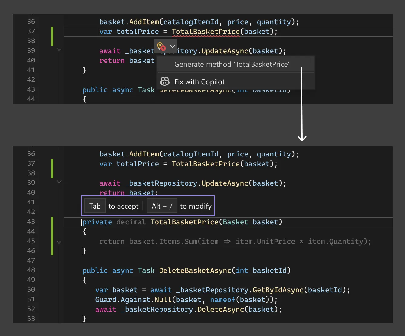 Generate method Ambient AI feature visualised in Visual Studio.