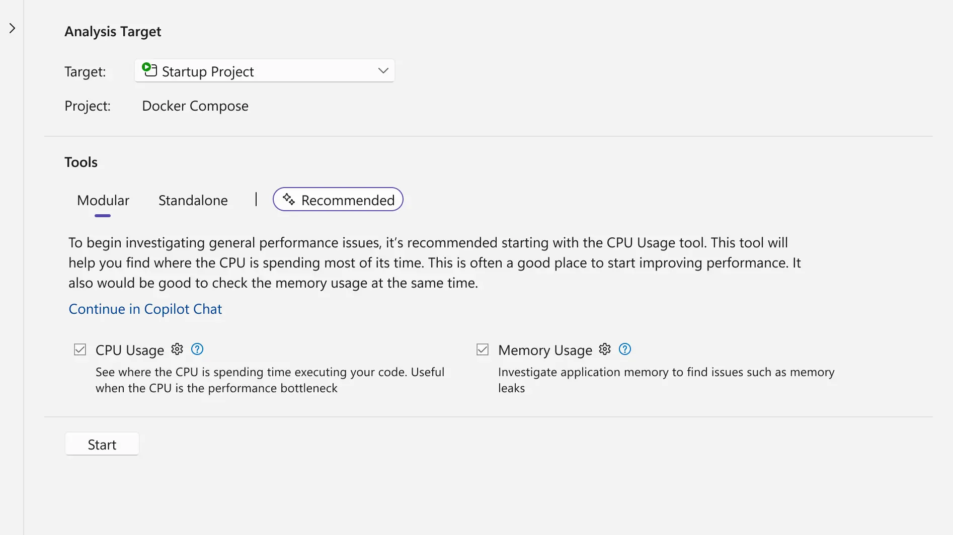 Diagnostics Performance profiler feature design mockup.