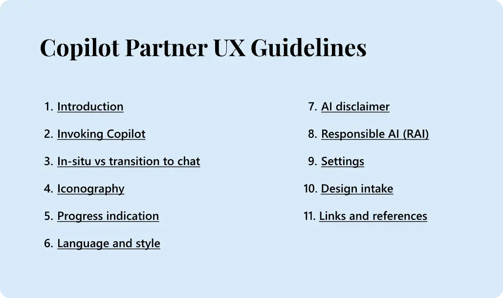An image of the table of contents for the Copilot UX Guidelines document.