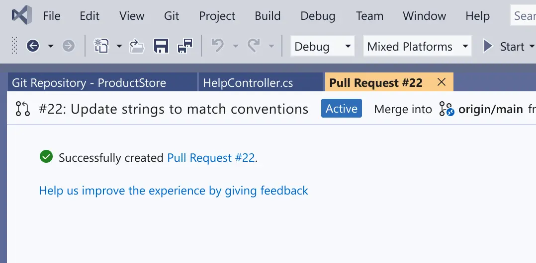Pull request creation finished state.