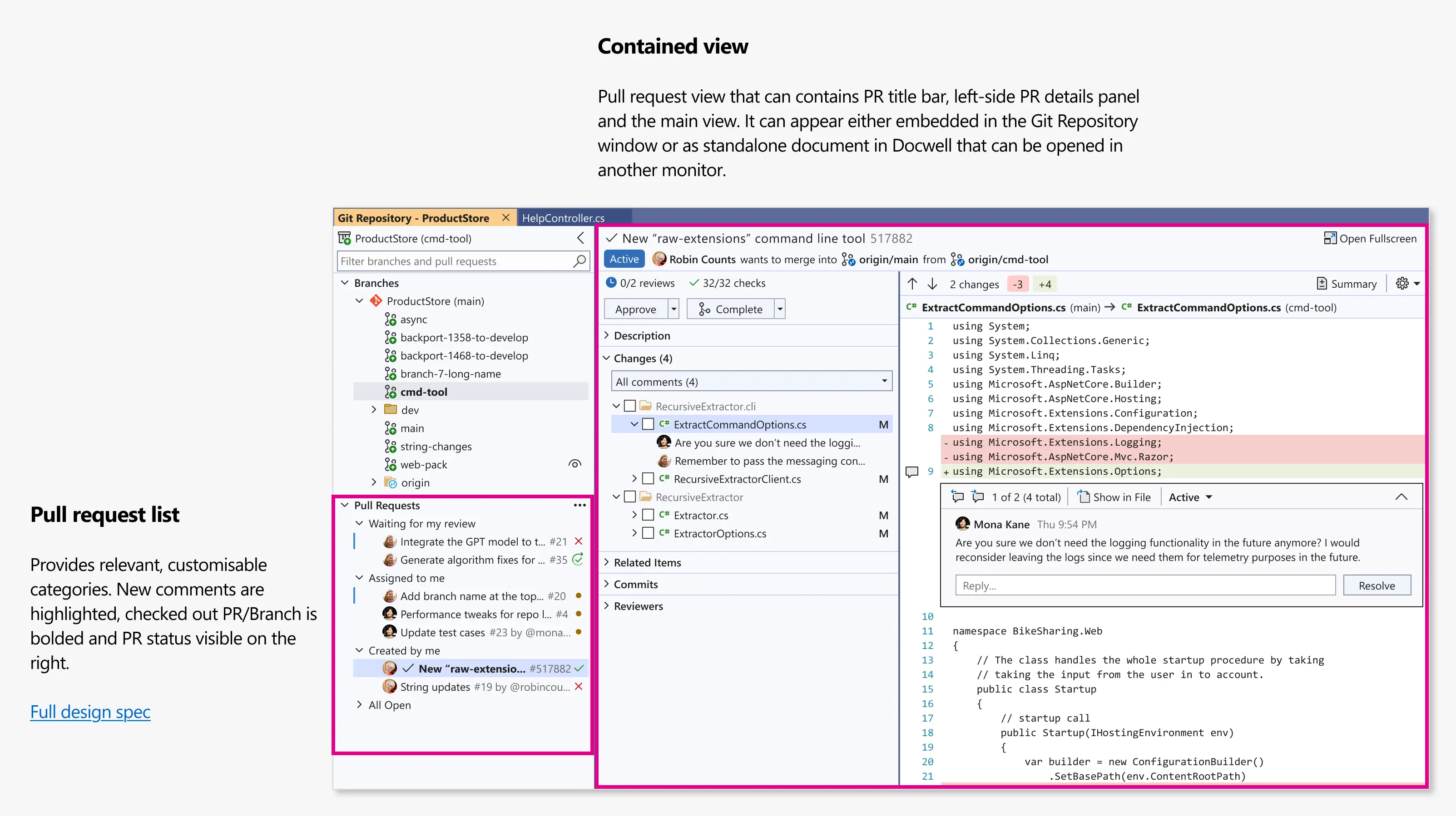 The design mocup showing the final pull request experience in Visual Studio.