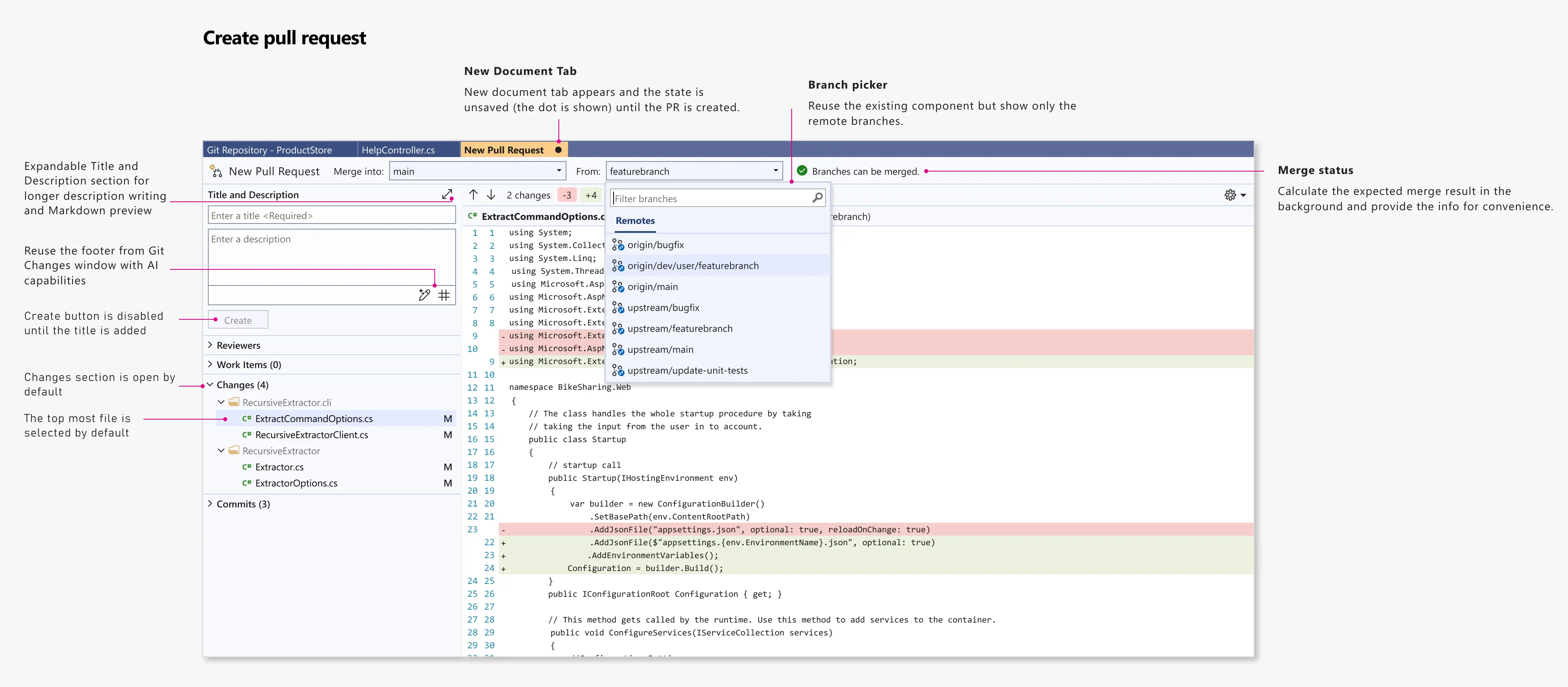 The design mocup showing the final pull request experience in Visual Studio.