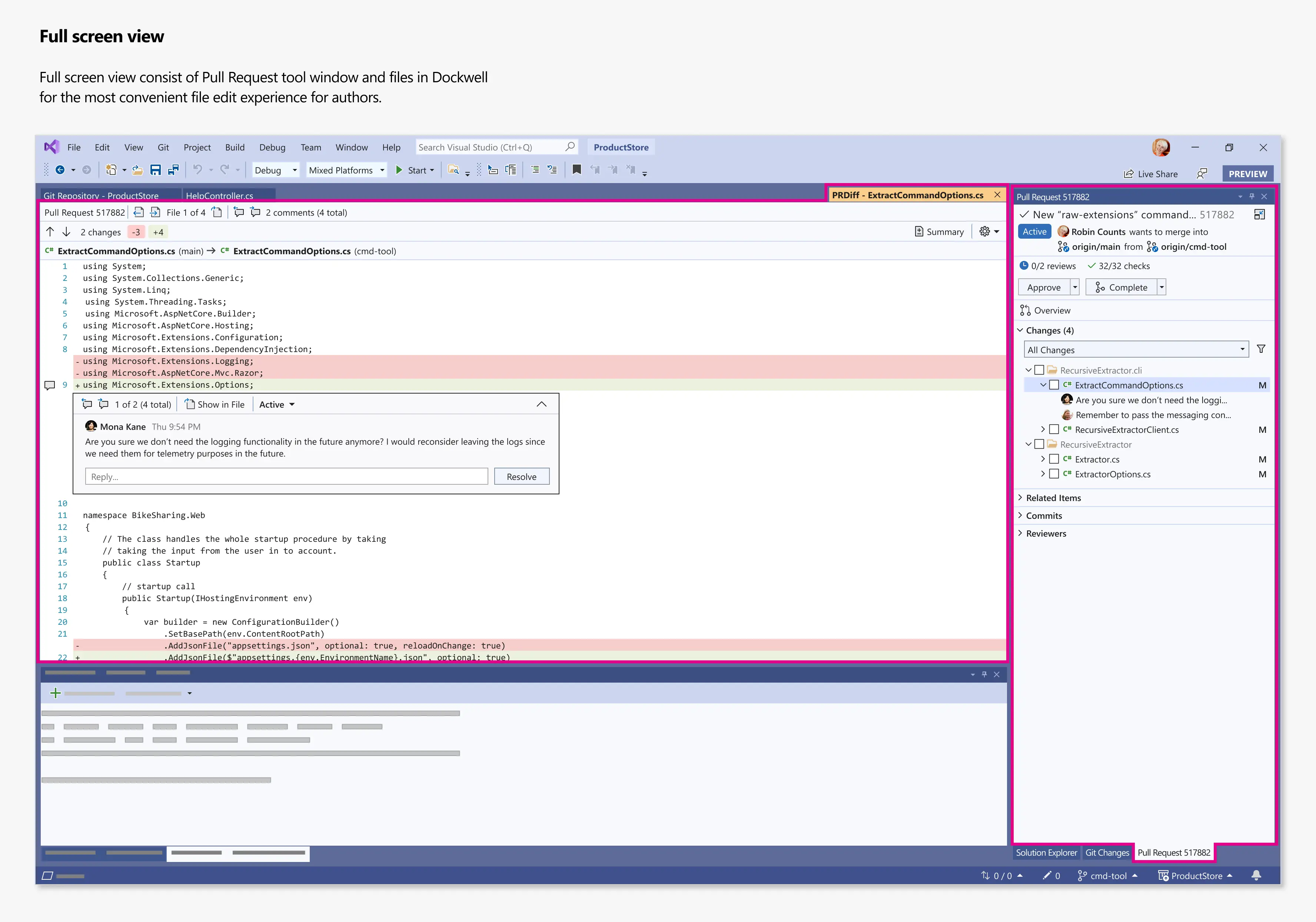The design mocup showing the final pull request experience in Visual Studio.